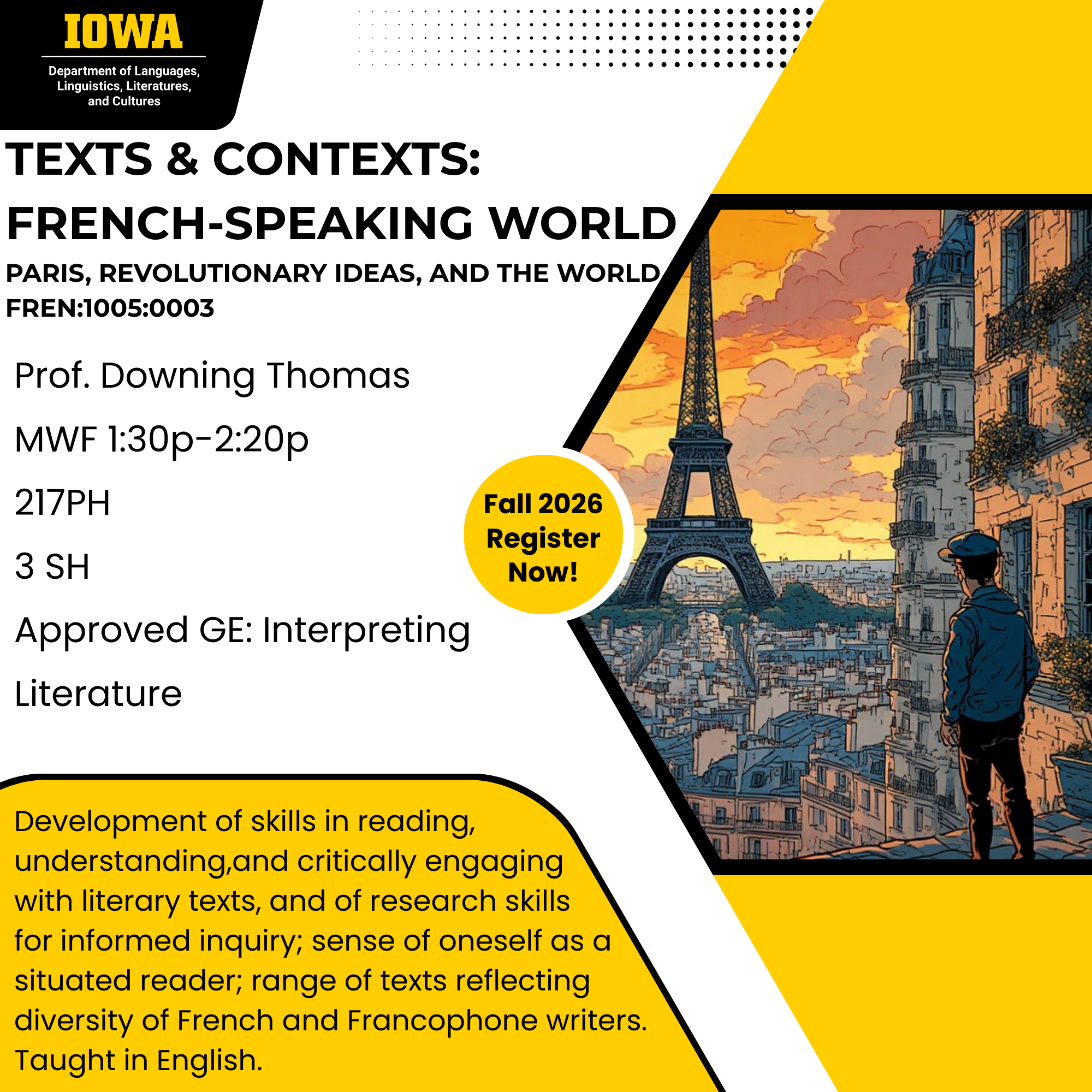 Development of skills in reading, understanding,and critically engaging with literary texts, and of research skills for informed inquiry; sense of oneself as a situated reader; range of texts reflecting diversity of French and Francophone writers. Taught in English.