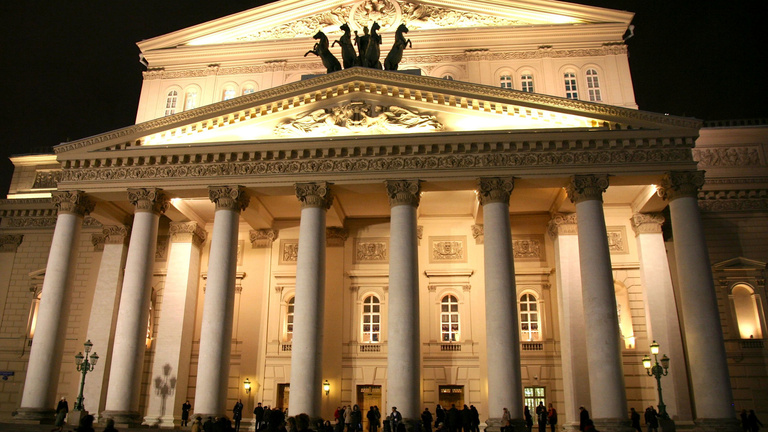 The outside of the Bolshoi Theatre, a renowned ballet and opera house in Moscow.