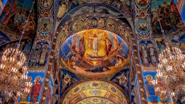 Wall decorations inside of the Church of Resurrection in Russia