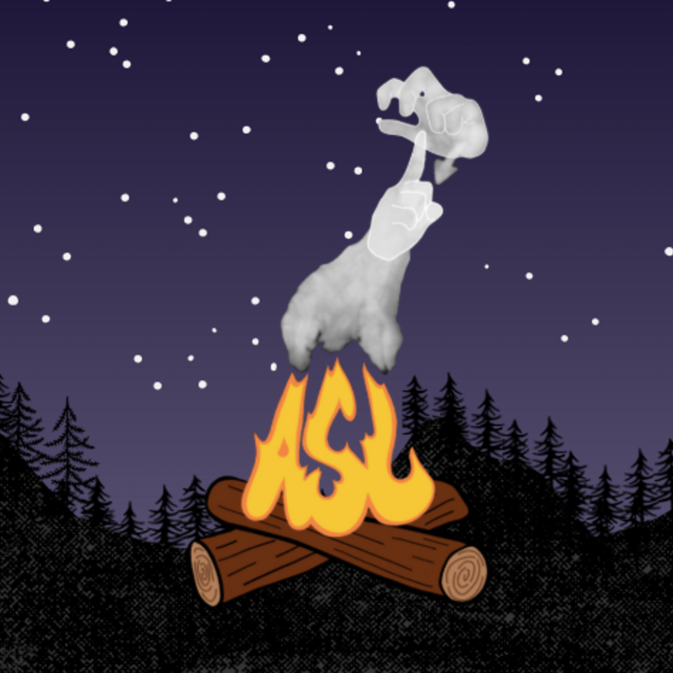 campfire at night with moon and stars in background