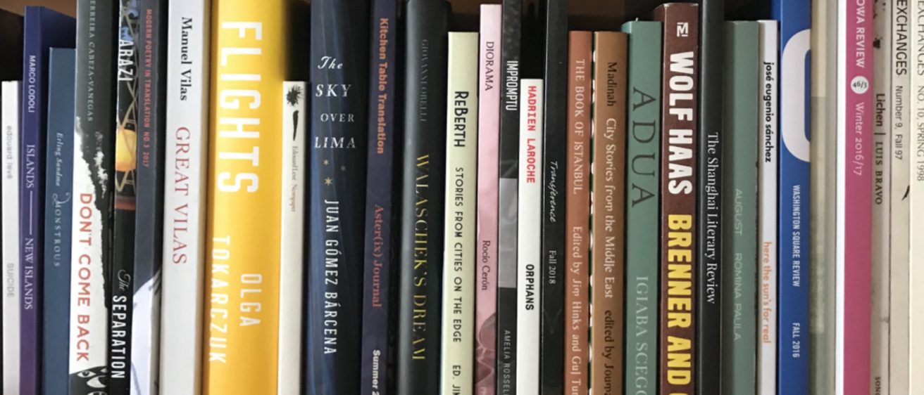 Spines of books that have been translated between languages