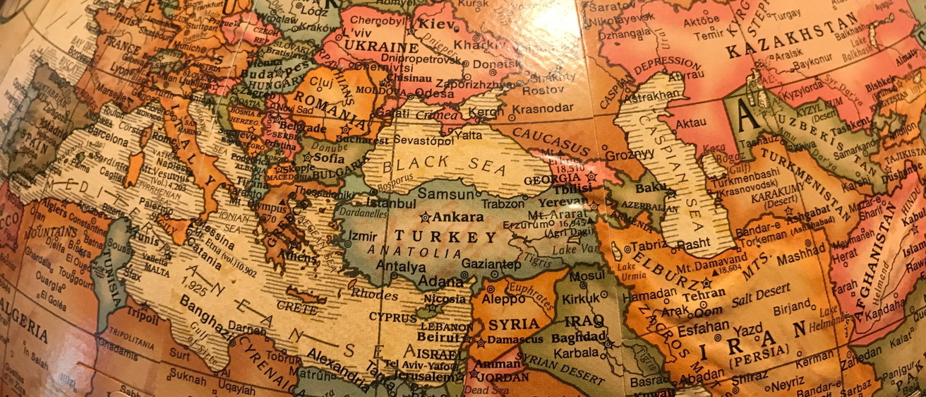 Close up view of an antique globe showing the Black Sea and the surrounding countries