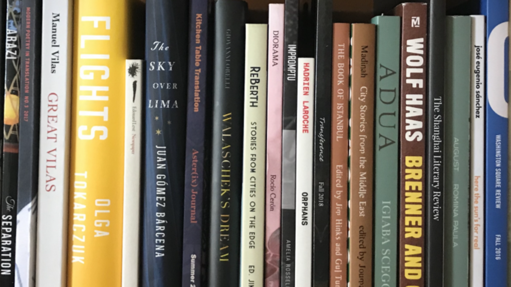 Spines of books that have been translated between languages